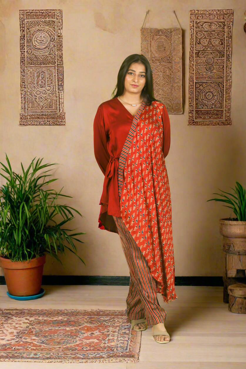 Red ajrakh knot top with pants