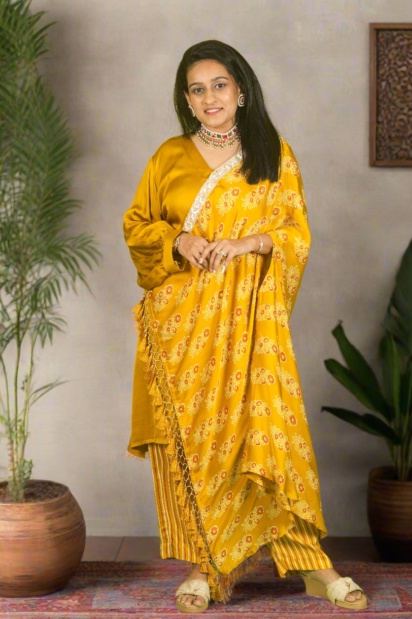 Yellow ajrakh hand embroidered cape with kurti & pants