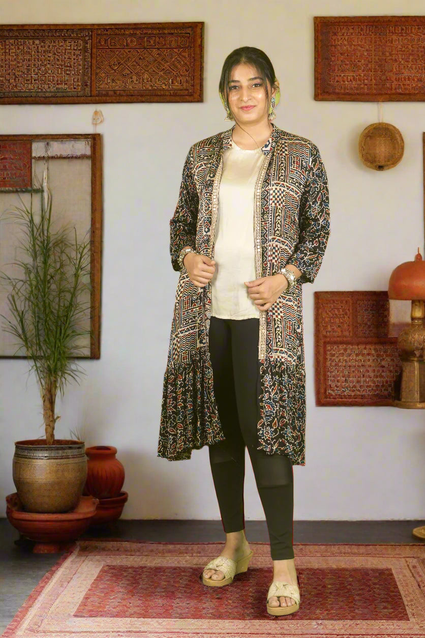 Black ajrakh duster jacket with inner