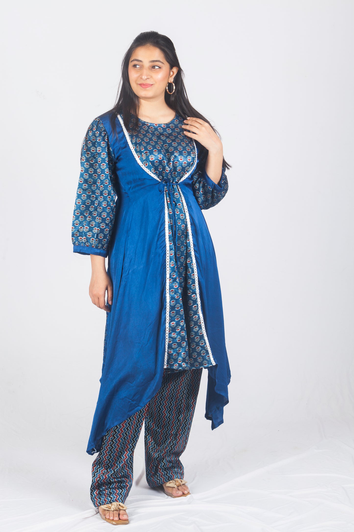 Blue Urban Bloom kurti with tie detailing & pant