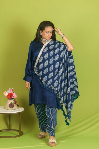 Blue Ajrakh Drape set