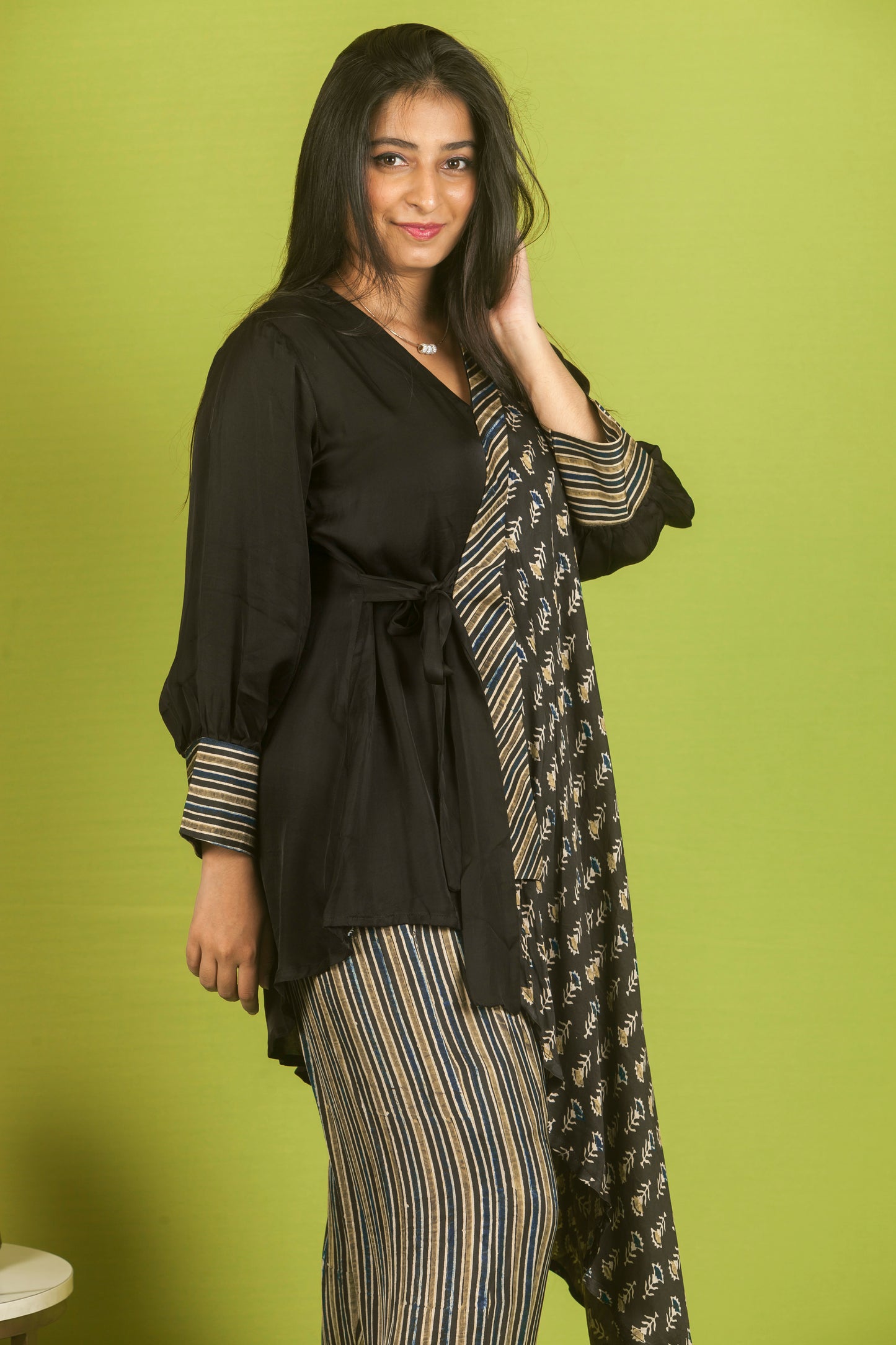 Black Ajrakh Knot Kurti with pants.