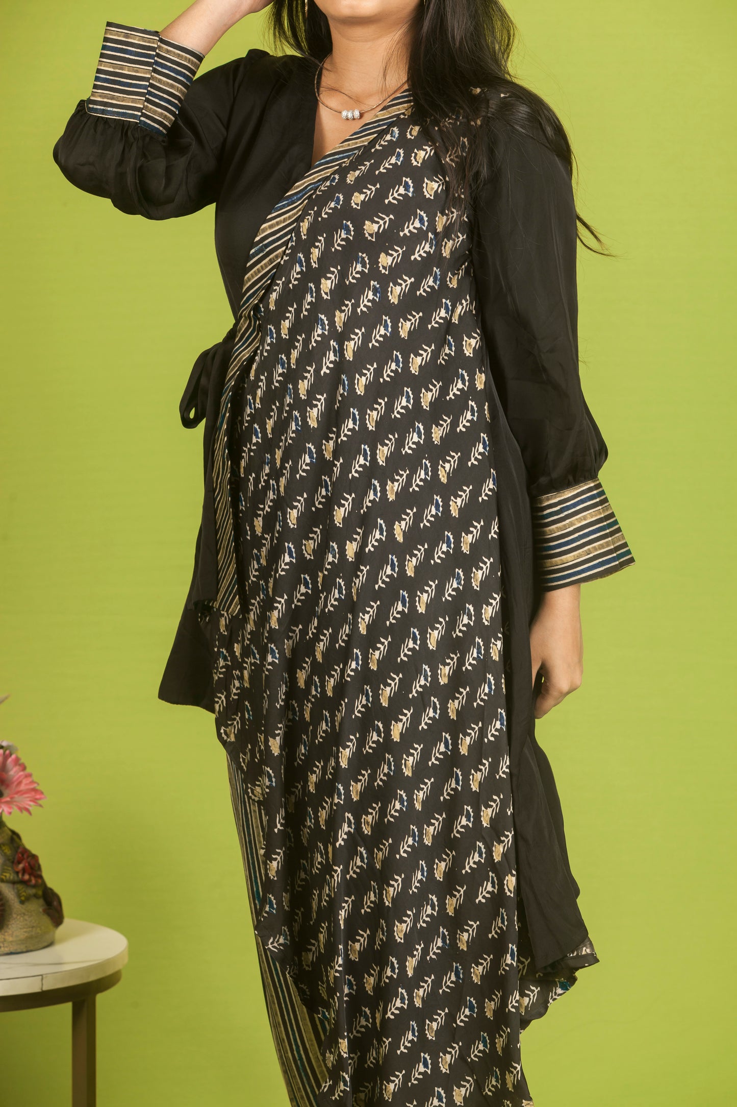 Black Ajrakh Knot Kurti with pants.