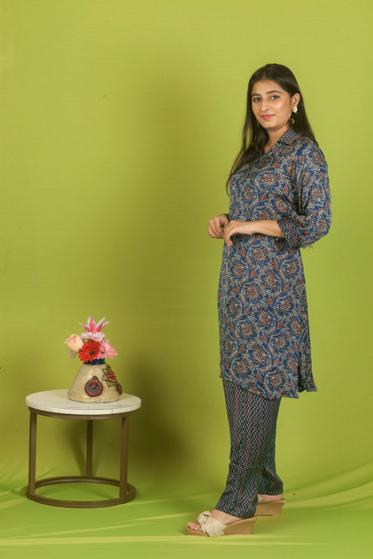 Blue Block print Charm kurti with pants