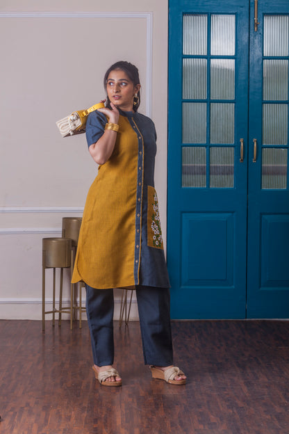 Indigo & Mustard Hand Embroidered Co-ord Set