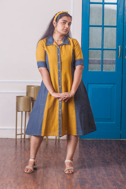 Chic Colorblock Linen Button-Down Dress